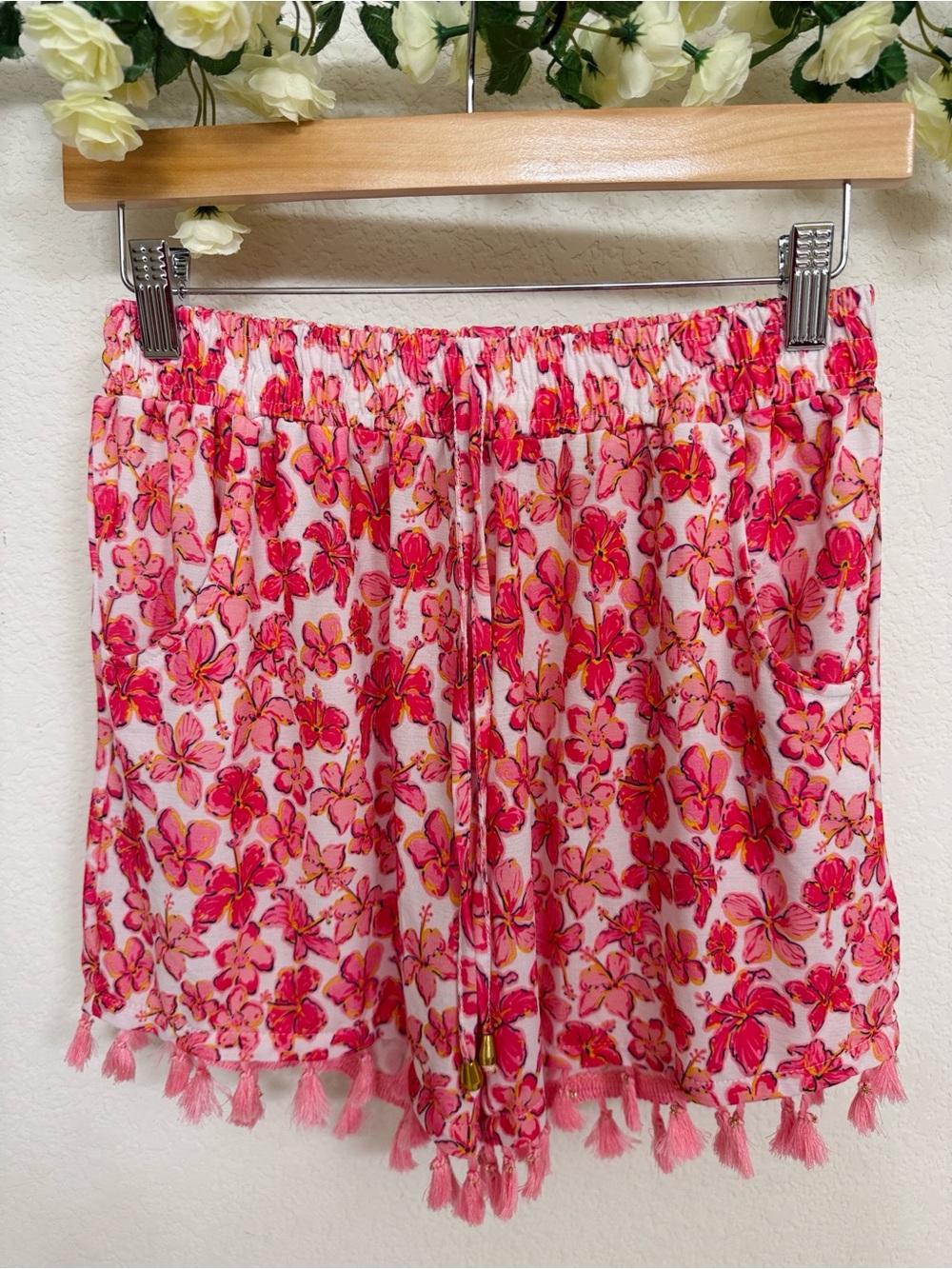 Simply Southern • Pink Floral Coquette Tassels Elastic Stretch High Waist Shorts